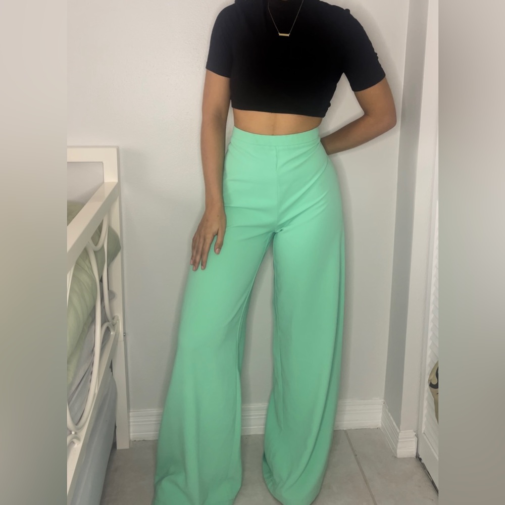 teal high waisted wide leg palazzo pants with side zipper